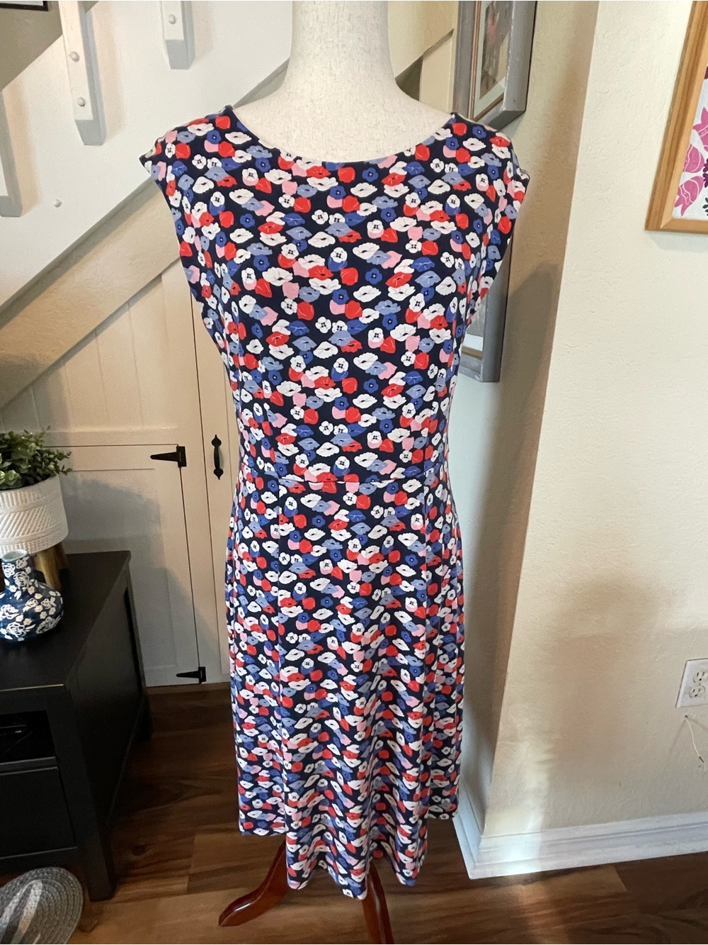 Boden Navy Poppy Meadow Floral Marina Jersey A-Line Dress Cap Sleeve Size 10